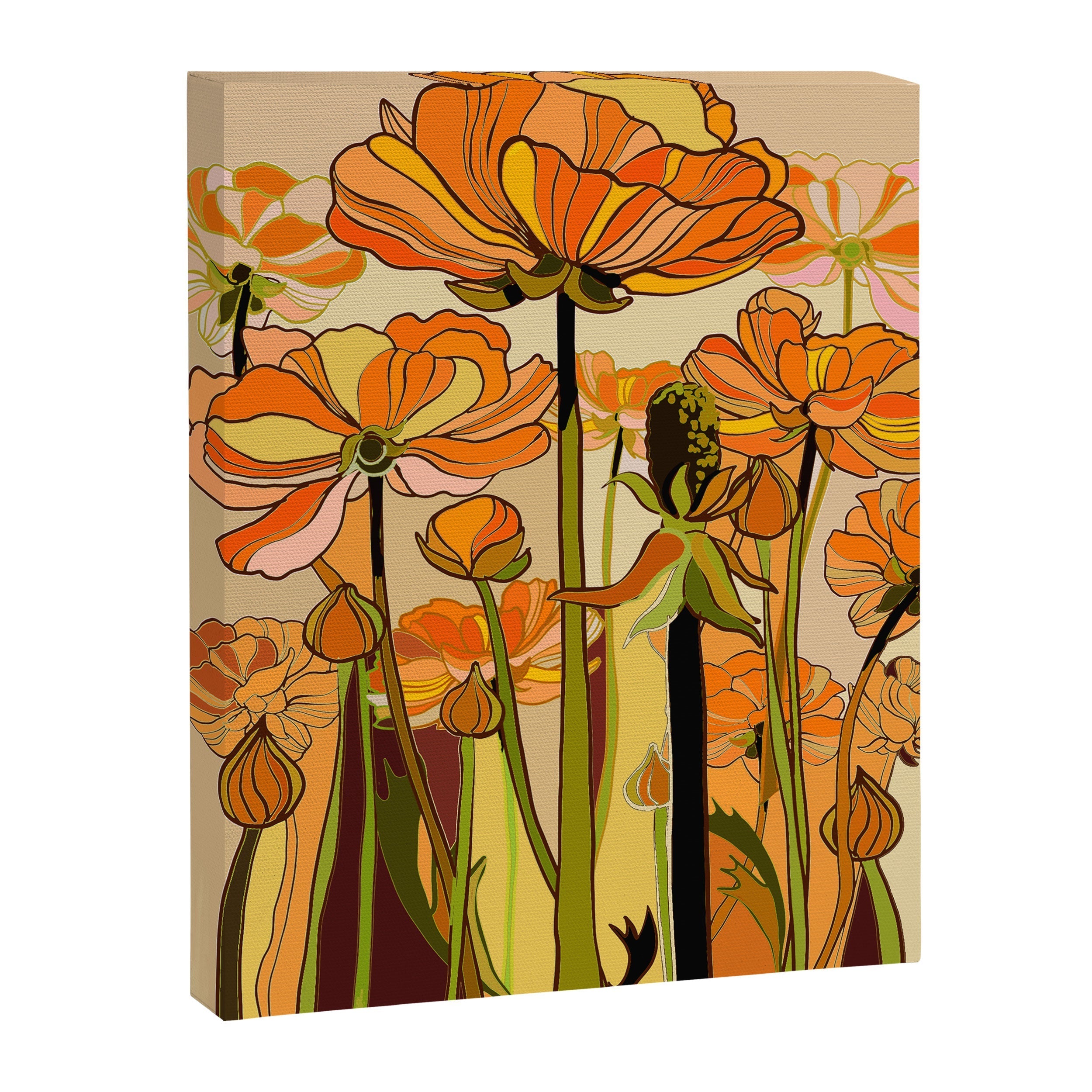 70s, Orange California poppies, mid century, 70s retro, flowers Canvas Print