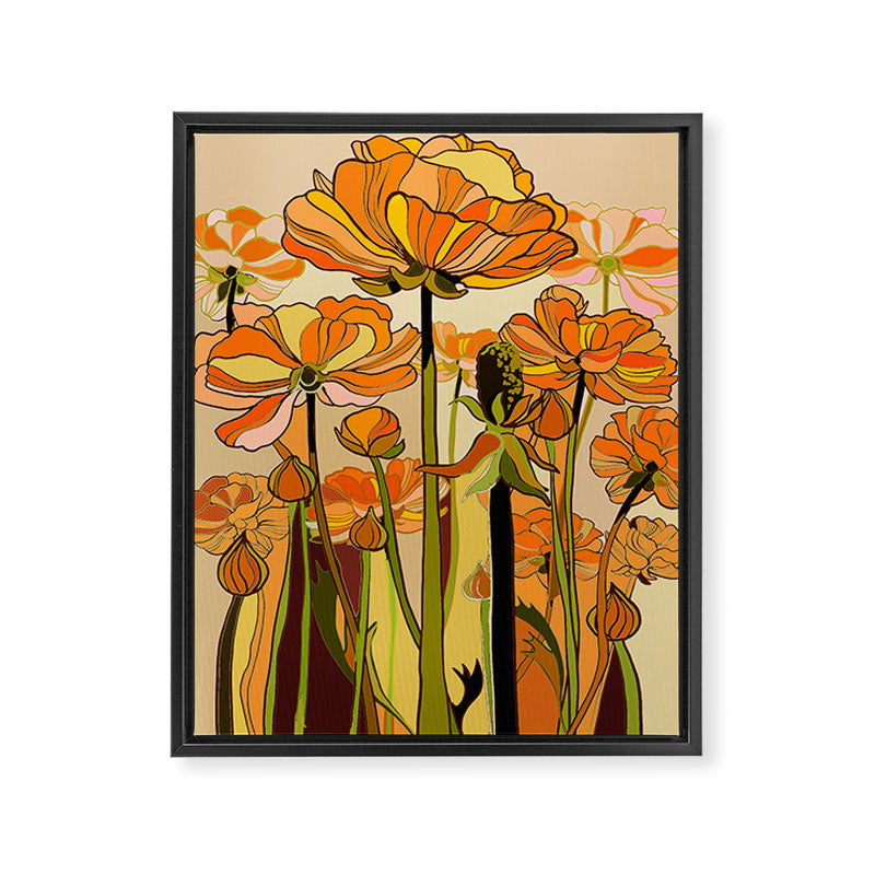 70s, Orange California poppies, mid century, 70s retro, flowers Framed Canvas Print