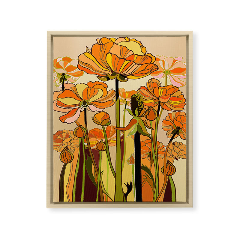 70s, Orange California poppies, mid century, 70s retro, flowers Framed Canvas Print