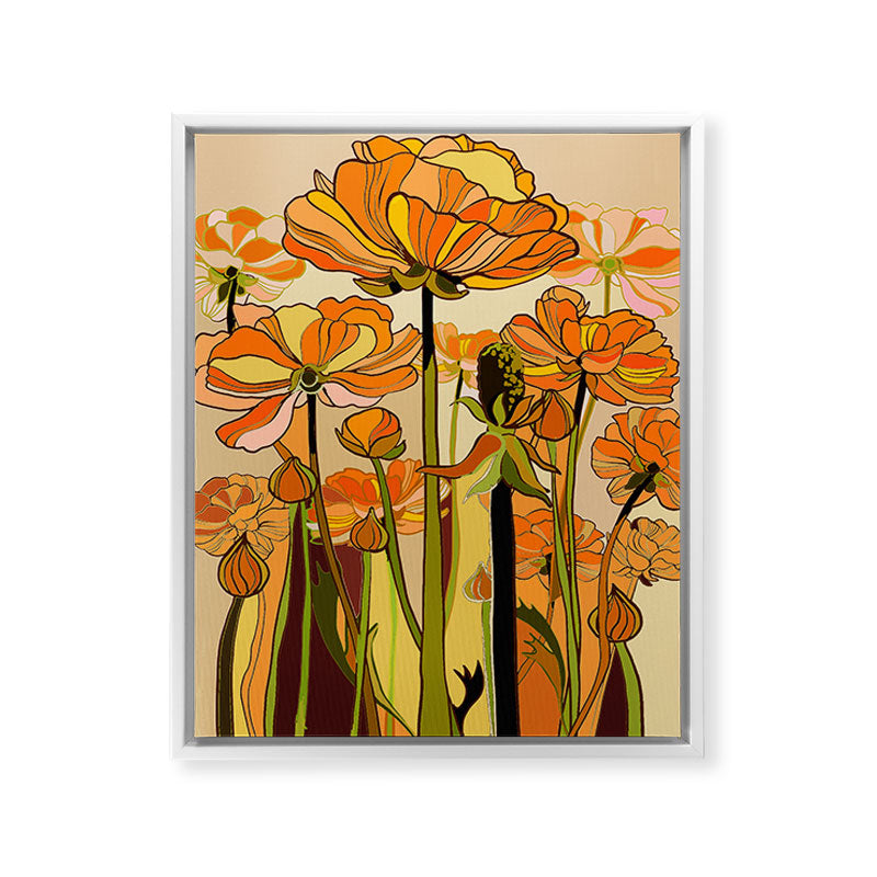 70s, Orange California poppies, mid century, 70s retro, flowers Framed Canvas Print
