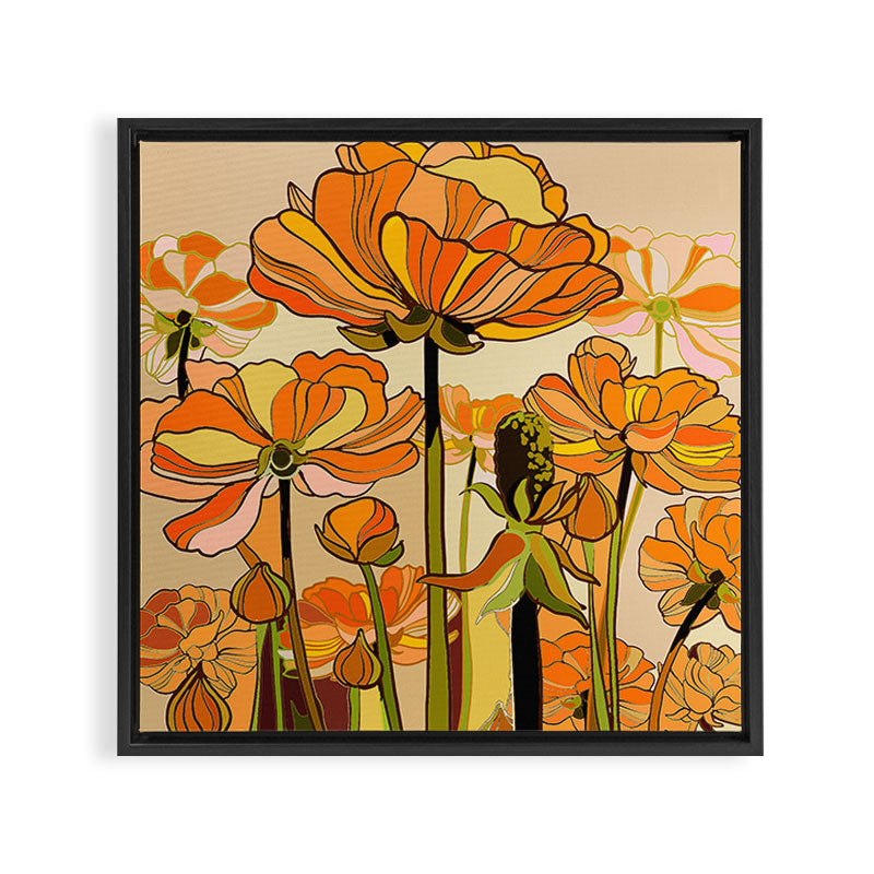 70s, Orange California poppies, mid century, 70s retro, flowers Framed Canvas Print