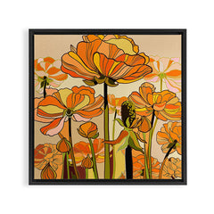 70s, Orange California poppies, mid century, 70s retro, flowers Framed Canvas Print