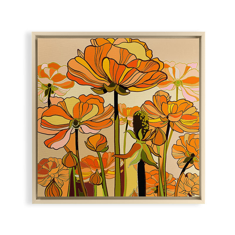 70s, Orange California poppies, mid century, 70s retro, flowers Framed Canvas Print