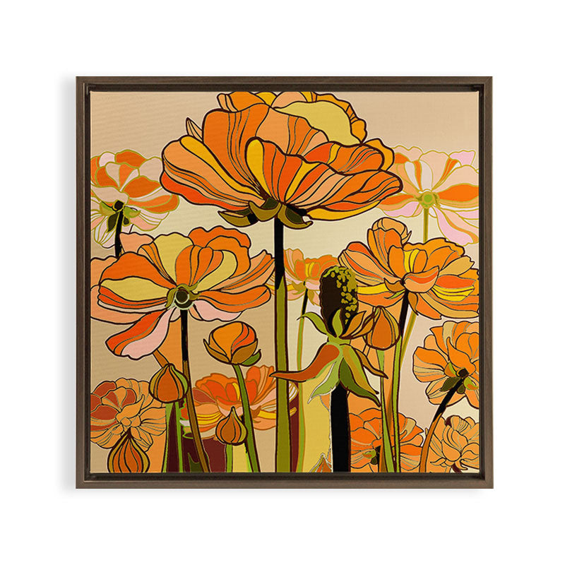 70s, Orange California poppies, mid century, 70s retro, flowers Framed Canvas Print