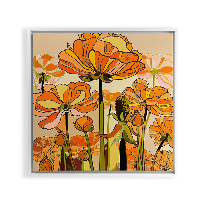 70s, Orange California poppies, mid century, 70s retro, flowers Framed Canvas Print