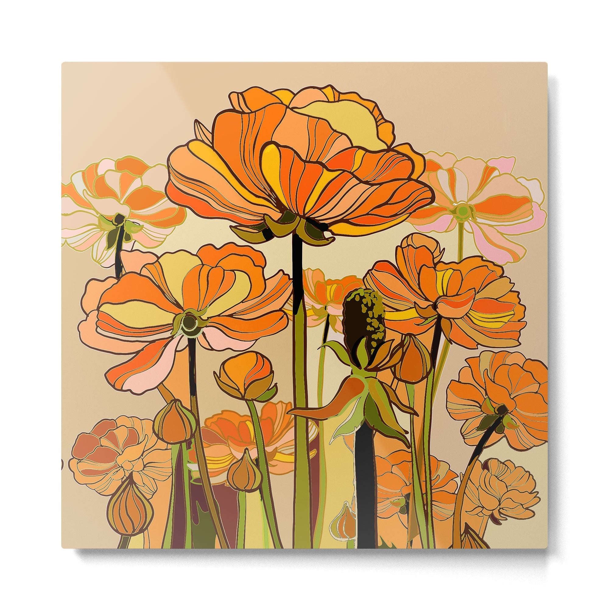 70s, Orange California poppies, mid century, 70s retro, flowers Metal Print