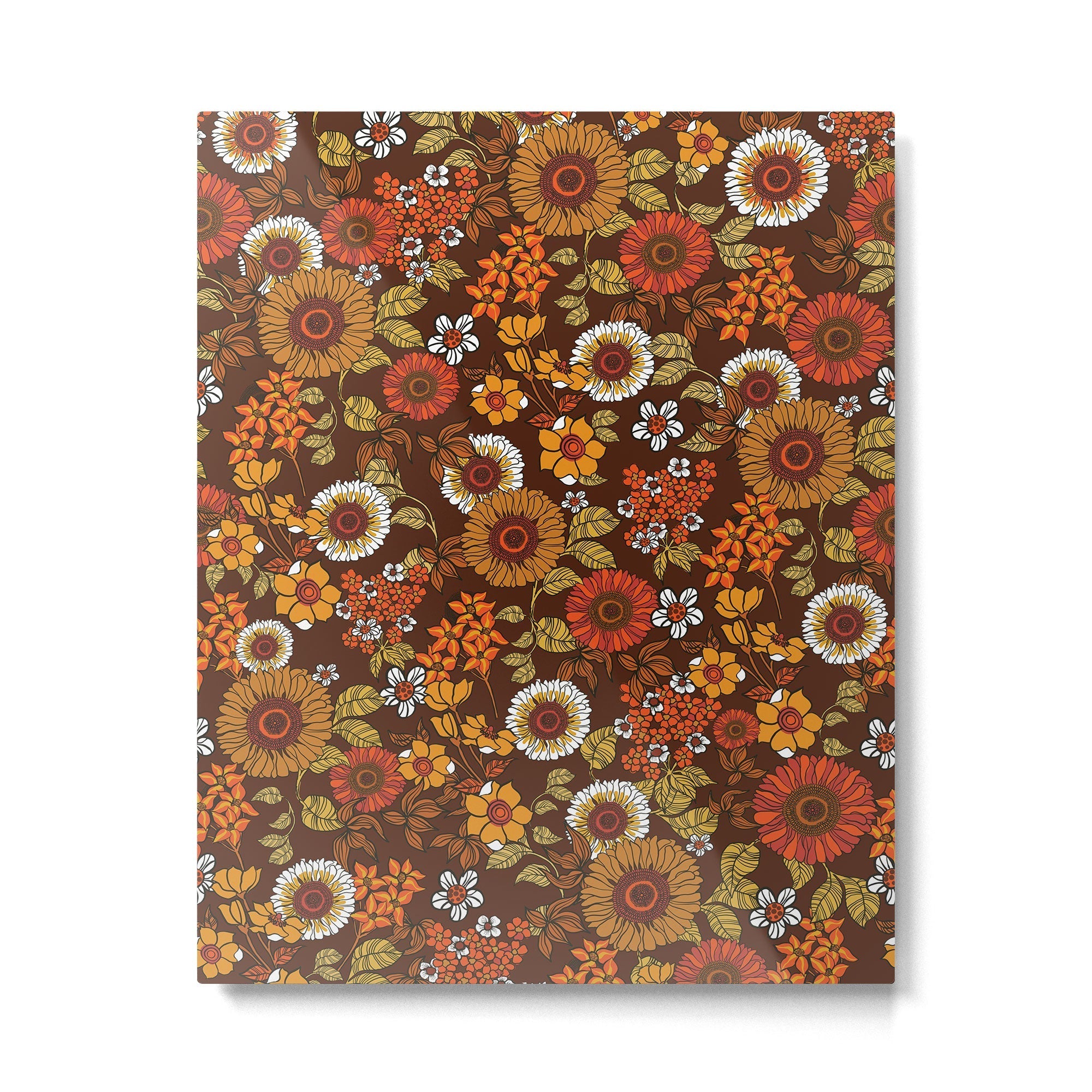 70s retro ditzy flowers, boho, browns, orange, hippie Metal Print