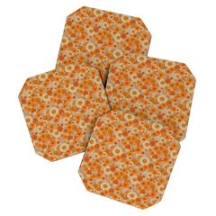 70s retro vintage daisies, flowers, orange, peach Coaster