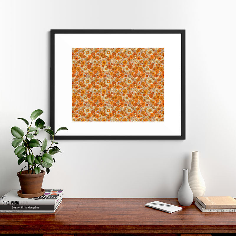 70s retro vintage daisies, flowers, orange, peach Framed Art Print