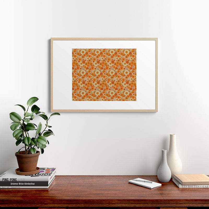 70s retro vintage daisies, flowers, orange, peach Framed Art Print