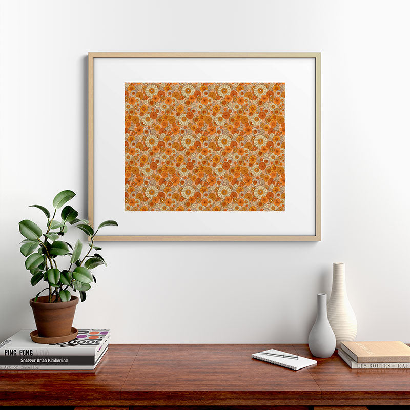 70s retro vintage daisies, flowers, orange, peach Framed Art Print