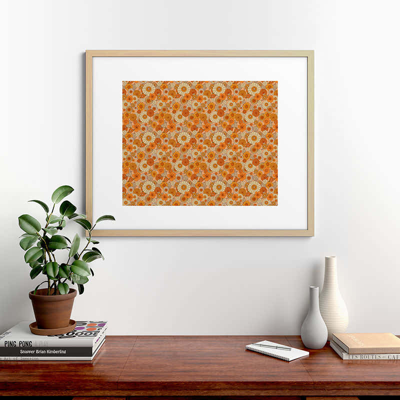 70s retro vintage daisies, flowers, orange, peach Framed Art Print
