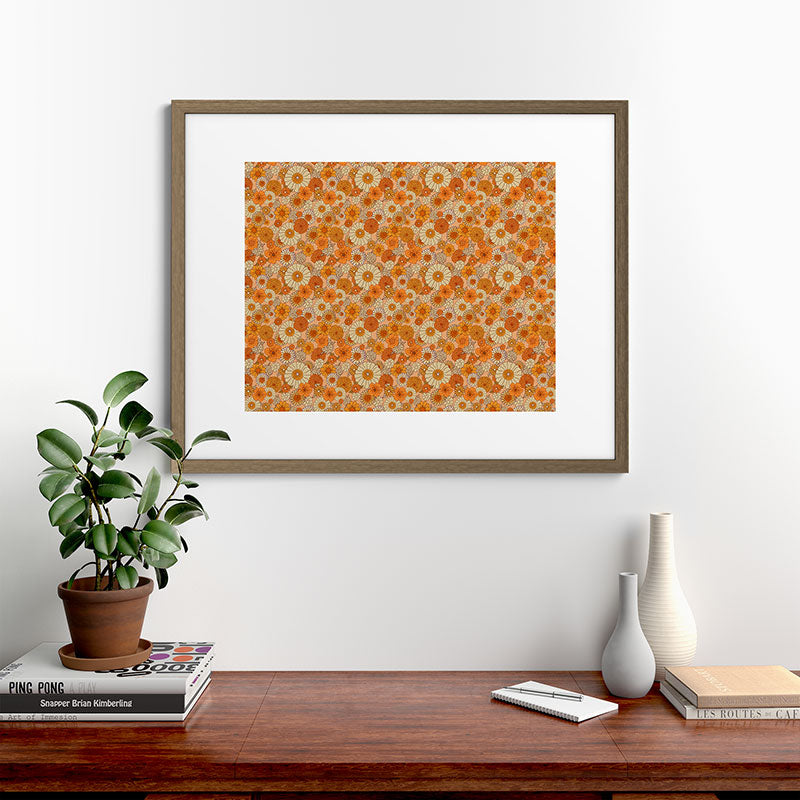 70s retro vintage daisies, flowers, orange, peach Framed Art Print