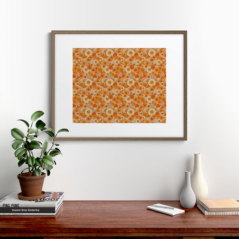 70s retro vintage daisies, flowers, orange, peach Framed Art Print