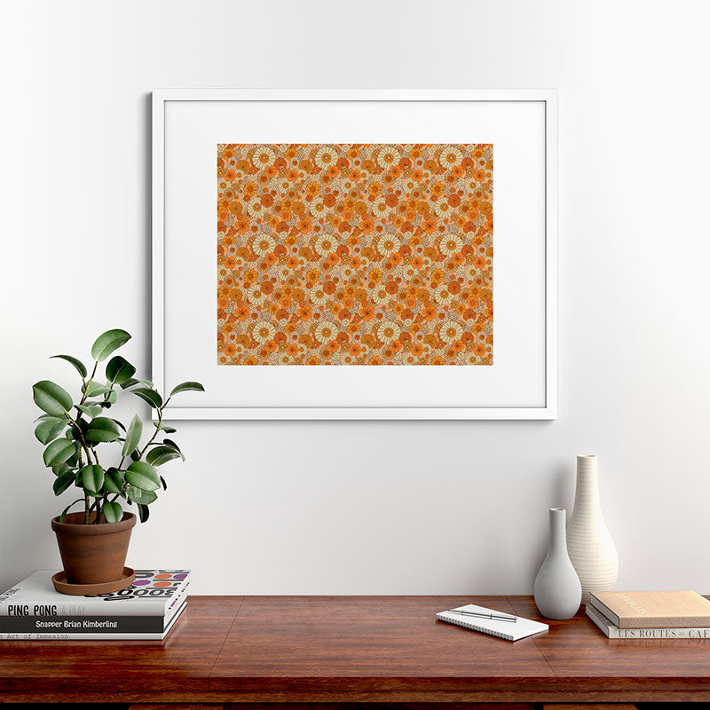 70s retro vintage daisies, flowers, orange, peach Framed Art Print