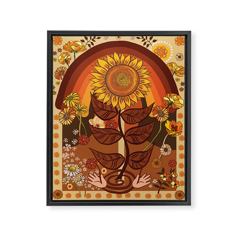 70s, Sunflower, retro, rainbow, warm colors, 60s, boho Framed Canvas Print
