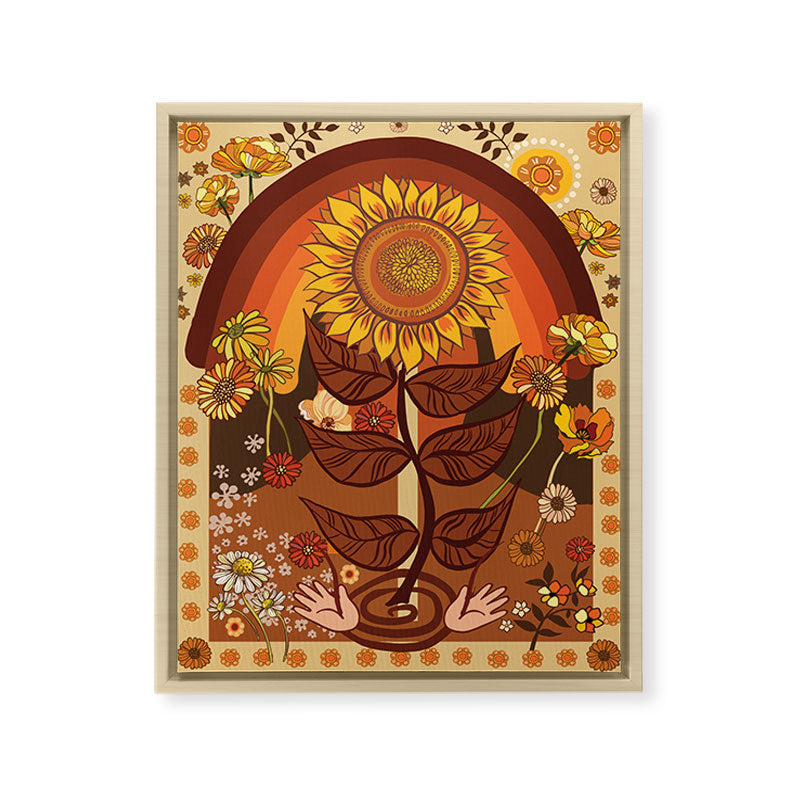 70s, Sunflower, retro, rainbow, warm colors, 60s, boho Framed Canvas Print