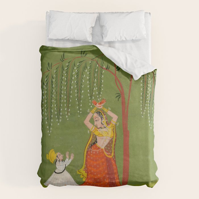 A female attendant is standing in tribhanga pose under a tree. A small child vies for her attention. Duvet Cover