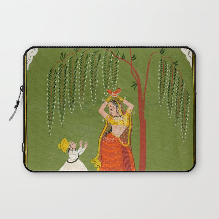 A female attendant is standing in tribhanga pose under a tree. A small child vies for her attention. Laptop Sleeve