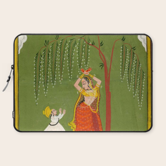 A female attendant is standing in tribhanga pose under a tree. A small child vies for her attention. Laptop Sleeve