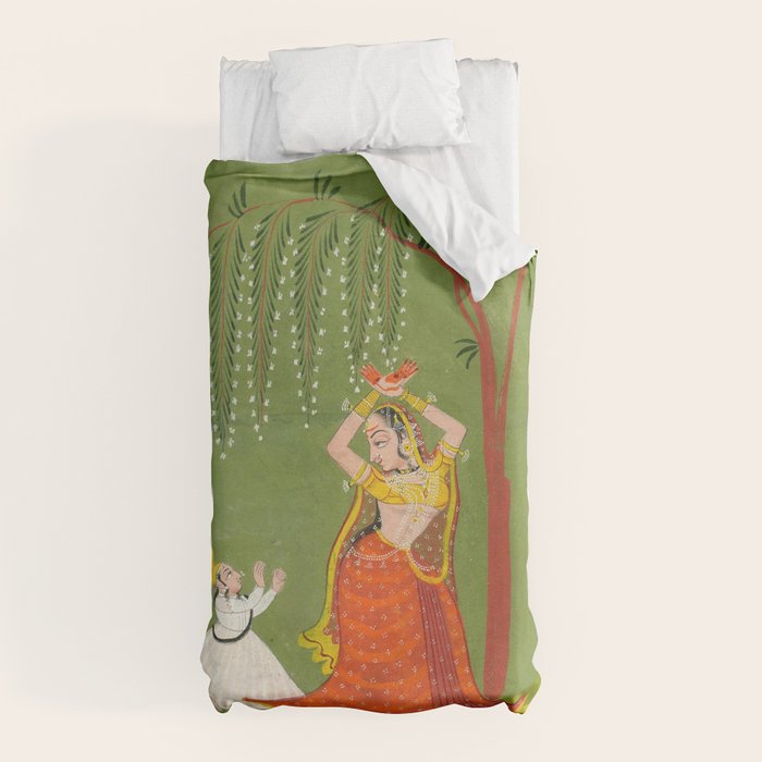 A female attendant is standing in tribhanga pose under a tree. A small child vies for her attention. Duvet Cover