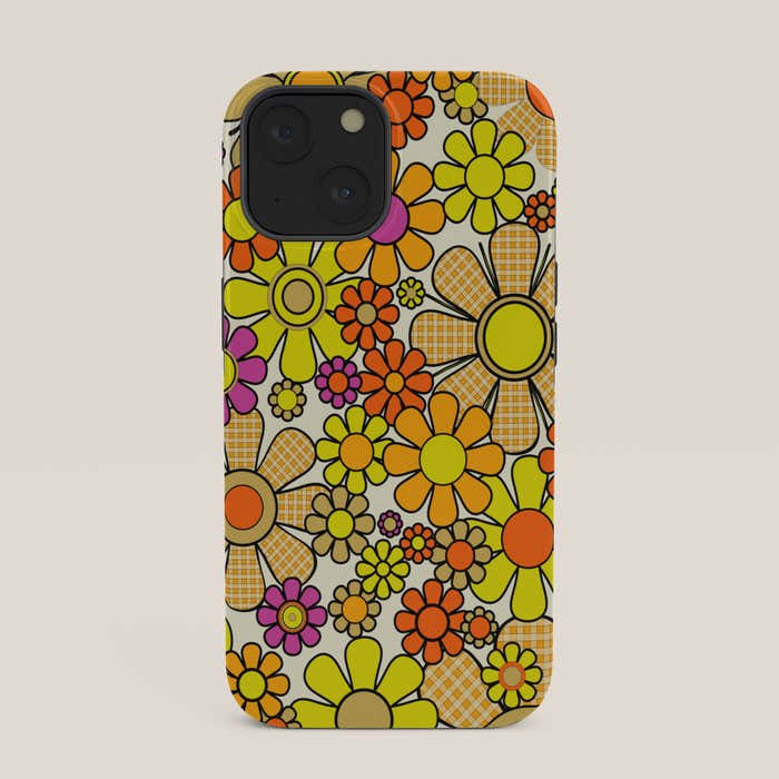 70s Retro Flowers Gingham Floral Pattern Orange Yellow Cream iPhone Case