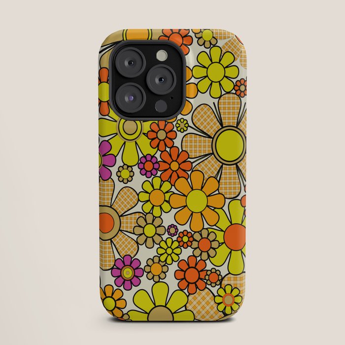 70s Retro Flowers Gingham Floral Pattern Orange Yellow Cream iPhone Case
