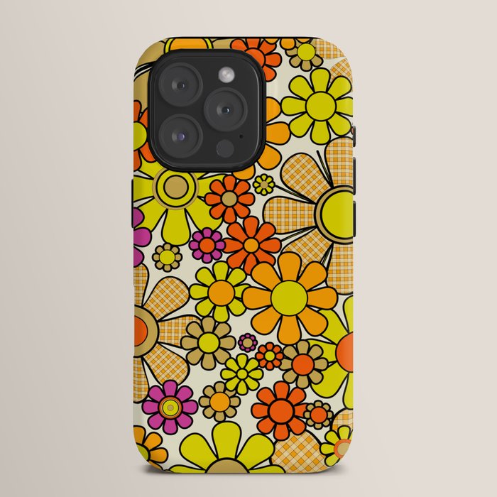 70s Retro Flowers Gingham Floral Pattern Orange Yellow Cream iPhone Case