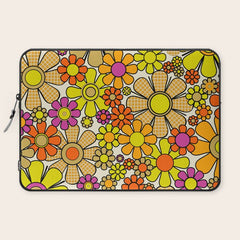 70s Retro Flowers Gingham Floral Pattern Orange Yellow Cream Laptop Sleeve