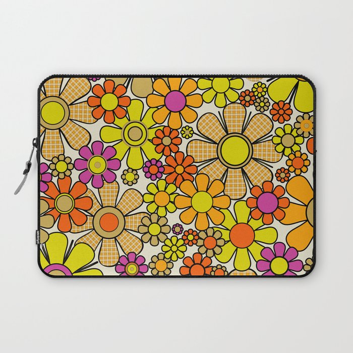 70s Retro Flowers Gingham Floral Pattern Orange Yellow Cream Laptop Sleeve