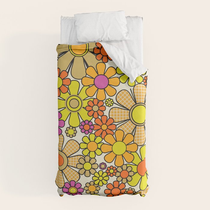 70s Retro Flowers Gingham Floral Pattern Orange Yellow Cream Duvet Cover