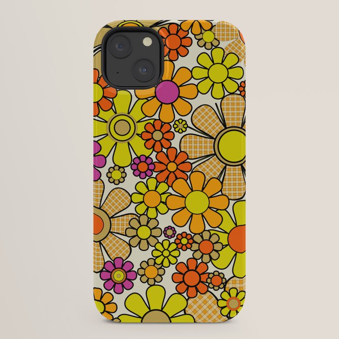 70s Retro Flowers Gingham Floral Pattern Orange Yellow Cream iPhone Case