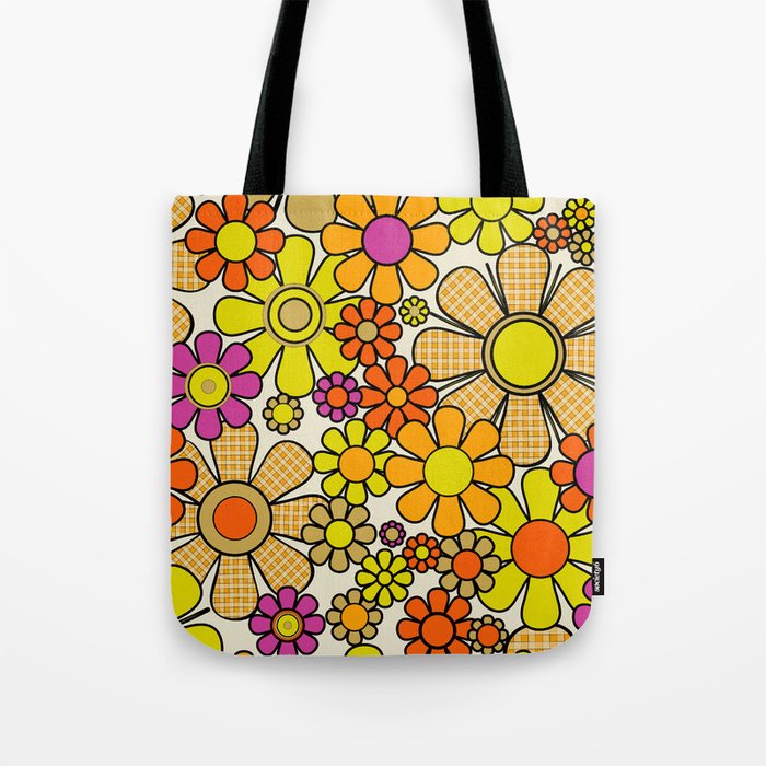 70s Retro Flowers Gingham Floral Pattern Orange Yellow Cream Tote Bag