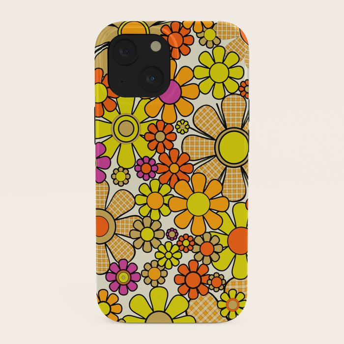 70s Retro Flowers Gingham Floral Pattern Orange Yellow Cream iPhone Case