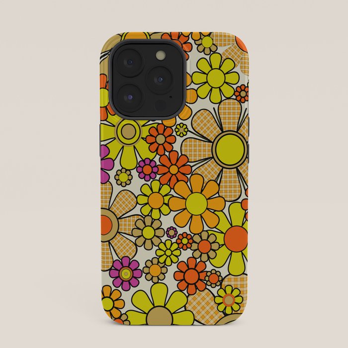 70s Retro Flowers Gingham Floral Pattern Orange Yellow Cream iPhone Case