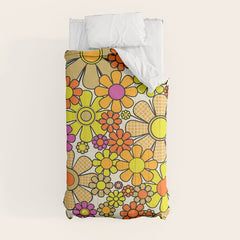 70s Retro Flowers Gingham Floral Pattern Orange Yellow Cream Comforter