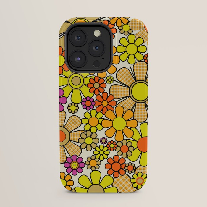 70s Retro Flowers Gingham Floral Pattern Orange Yellow Cream iPhone Case