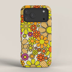 70s Retro Flowers Gingham Floral Pattern Orange Yellow Cream iPhone Case