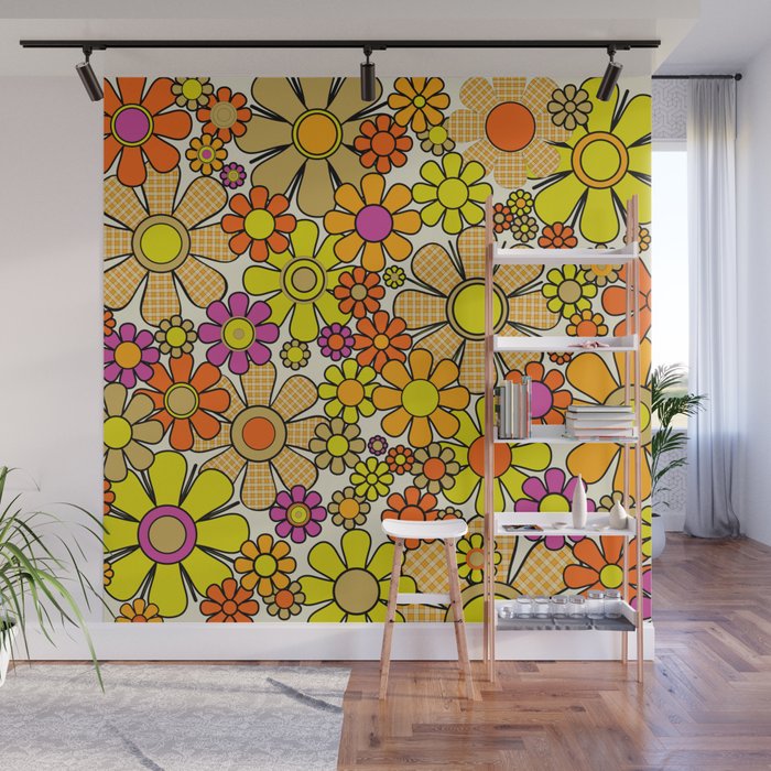 70s Retro Flowers Gingham Floral Pattern Orange Yellow Cream Wall Mural