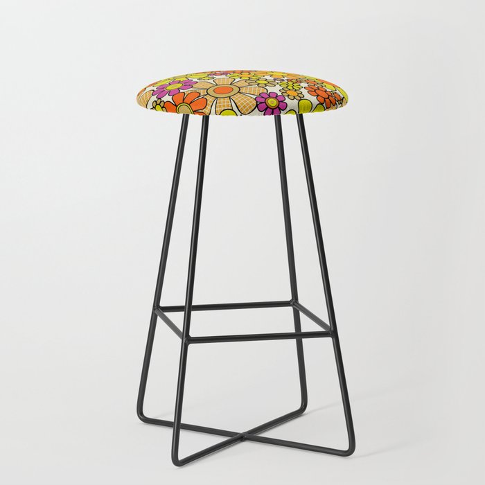 70s Retro Flowers Gingham Floral Pattern Orange Yellow Cream Stool