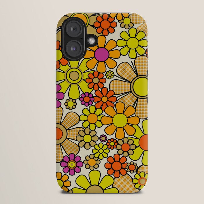 70s Retro Flowers Gingham Floral Pattern Orange Yellow Cream iPhone Case
