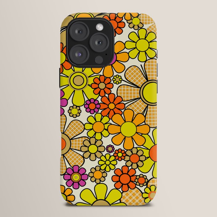 70s Retro Flowers Gingham Floral Pattern Orange Yellow Cream iPhone Case