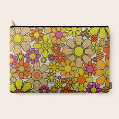 70s Retro Flowers Gingham Floral Pattern Orange Yellow Cream Carry All Pouch