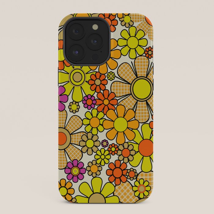70s Retro Flowers Gingham Floral Pattern Orange Yellow Cream iPhone Case
