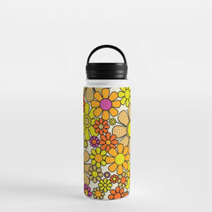 70s Retro Flowers Gingham Floral Pattern Orange Yellow Cream Water Bottle