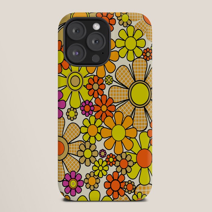 70s Retro Flowers Gingham Floral Pattern Orange Yellow Cream iPhone Case