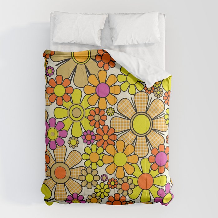 70s Retro Flowers Gingham Floral Pattern Orange Yellow Cream Comforter