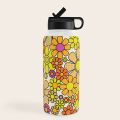 70s Retro Flowers Gingham Floral Pattern Orange Yellow Cream Water Bottle