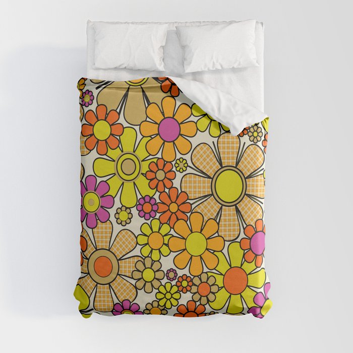 70s Retro Flowers Gingham Floral Pattern Orange Yellow Cream Duvet Cover