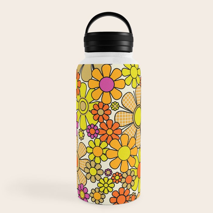 70s Retro Flowers Gingham Floral Pattern Orange Yellow Cream Water Bottle